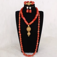 dudo orange nature coral and gold beaded balls necklace set with bracelet earrings 2 layers high quality nigerian wedding bridal
