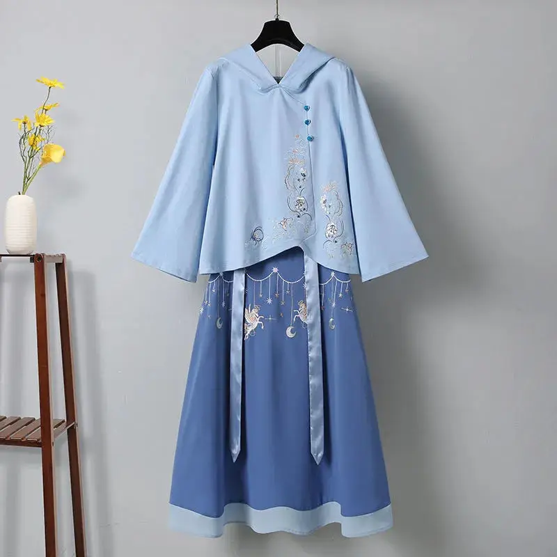 

Traditional Chinese Embroidered 2021 New Women Large Size Dress Spring Hanfu Retro Loose V-neck Top With Skirt Cotton