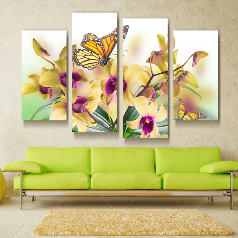 

4 Panel Butterfly Flower Canvas Wall Art Oil Painting Modern Printed Cuadros Decoracion Wall Picture For Bed Room Unframed XY929