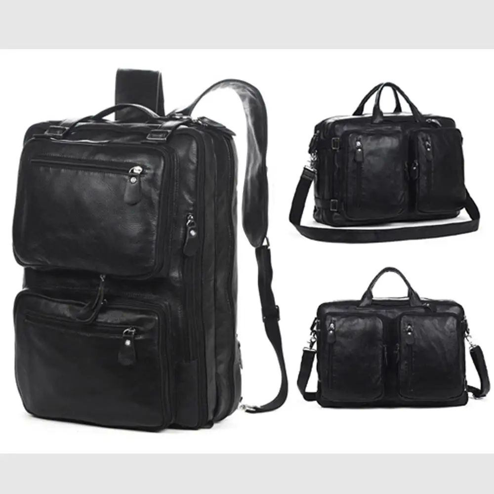 4USE Fashion Cowhide Genuine Leather Men's Backpack Leather School Backpack Black Rucksack Bookbag Tote Bag Large 2015