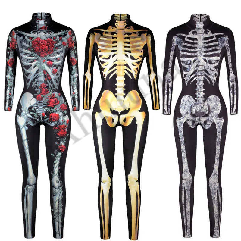 Women Sexy Bodysuits Halloween Costumes For Girls 3D Skull Rose Printing Jumpsuits Punky Back Zipper Macacao Feminino C062 | Тематическая