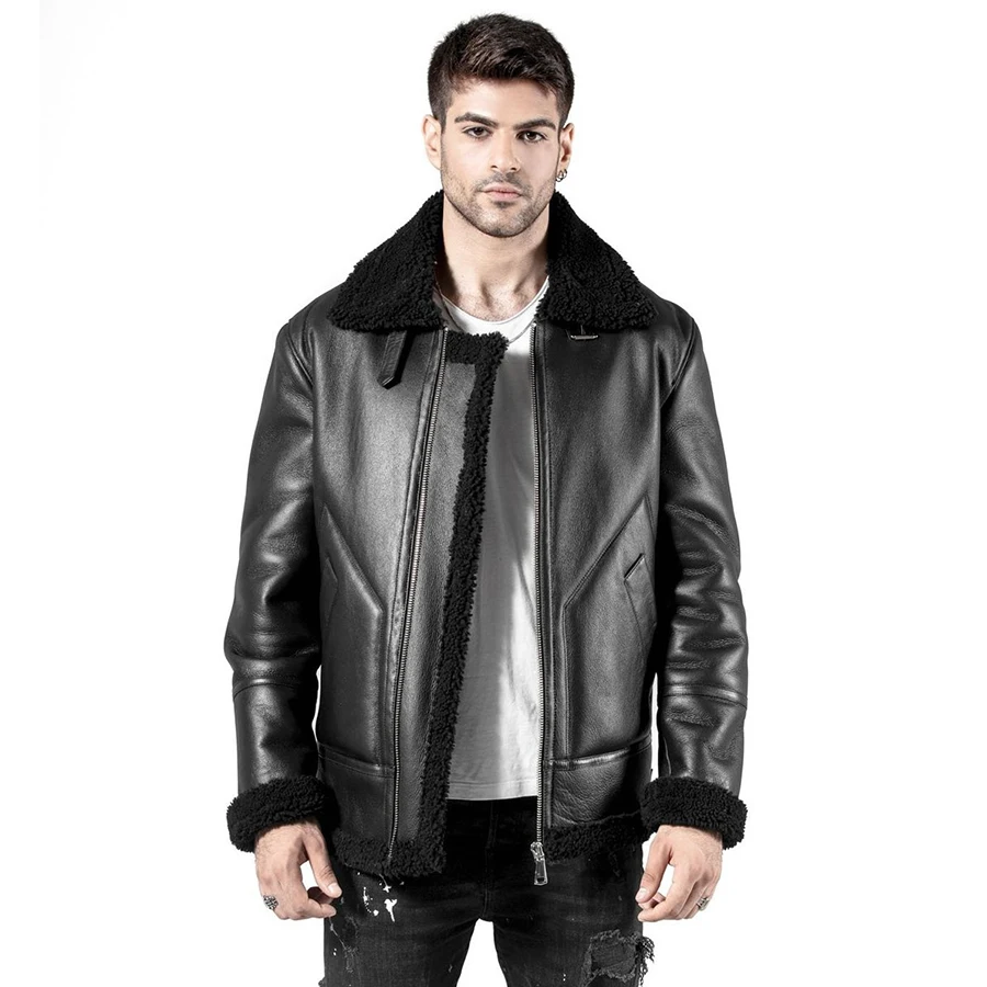 

Men Bomber Jacket Sheepskin Coat 2021 New Autumn Winter Fashion Shearling Coat High Quality