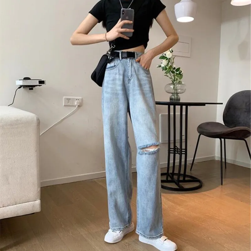 

Woman Jeans Ripped High Waist Clothes Wide Leg Denim Clothing Streetwear Vintage Quality 2021 Fashion Harajuku Straight Pants