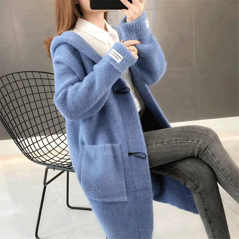 Autumn new imitation water jacket jacket female long section horn buckle solid color long sleeve ladies sweater knit