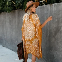 Fitshinling Ethnic Vintage Beach Kimono Flower Yellow Oversize Bikini Cover Up Swimwear 2021 Summer Bohemian Irregular Cardigan