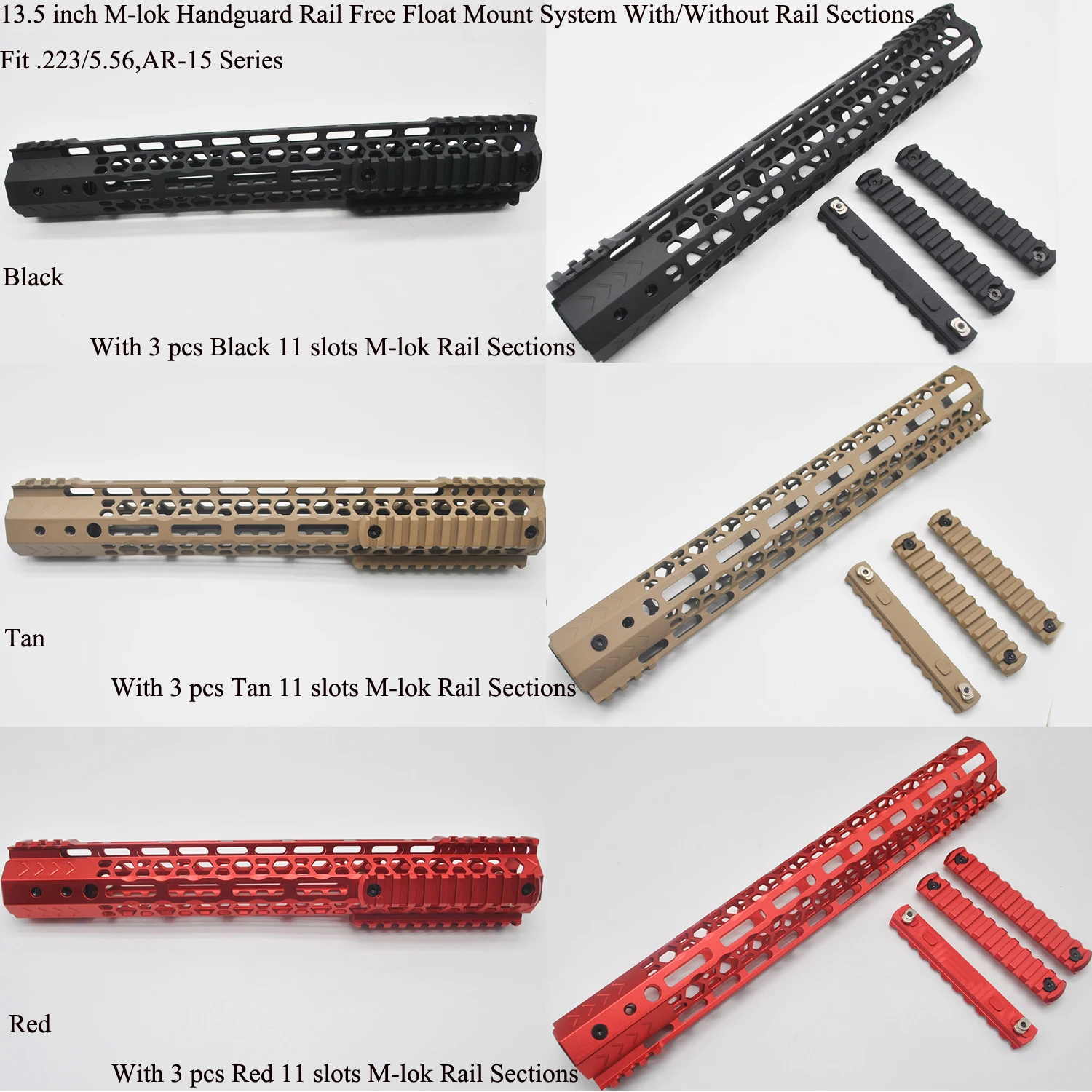 

TriRock AR-15 .223/5.56_13.5'' inch M-lok Handguard Rail Picatinny Mount System With/No 3 pcs MLOK Rail Sections Black/Red/Tan