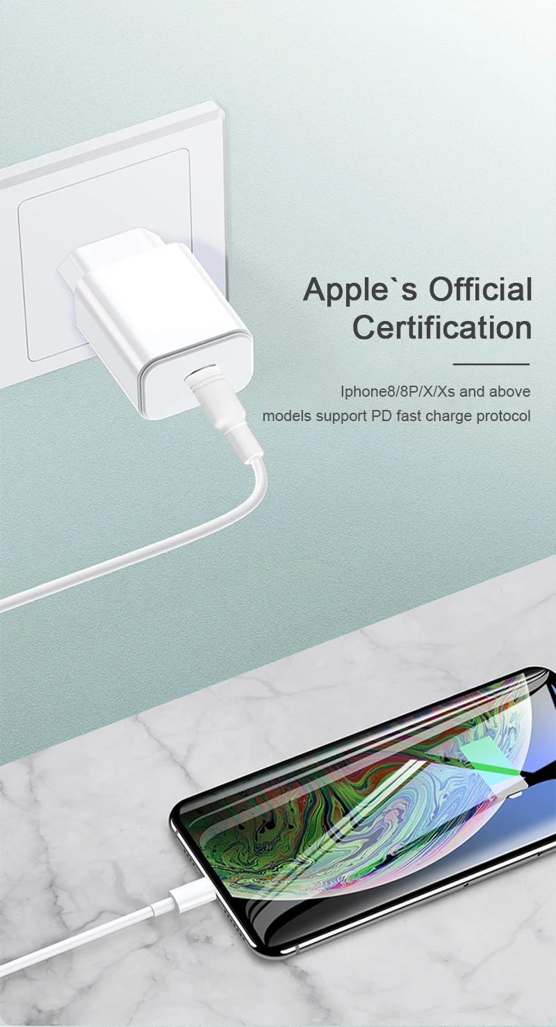 Зарядное устройство VOXLINK PD Fast USB Type-c 18W QC3.0 с кабелем USB-C на 8pin для iPhone x xs xr Xiaomi Samsung Huawei on.