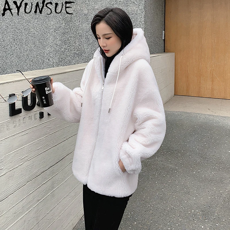 Шуба из натуральной овчины Женское зимнее шерстяное пальто с капюшоном женские