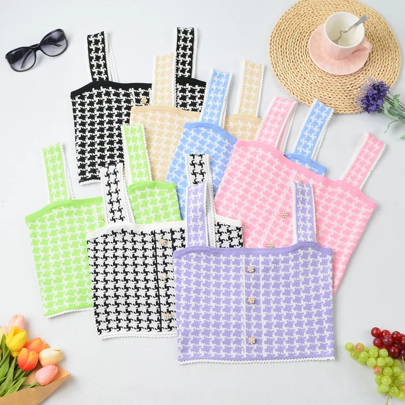 

2021 Spring/Summer New Fashion Ladies Square Neck Button Knit Sweater Cute Sleeveless Camisole Top Casual Beach Style One Size