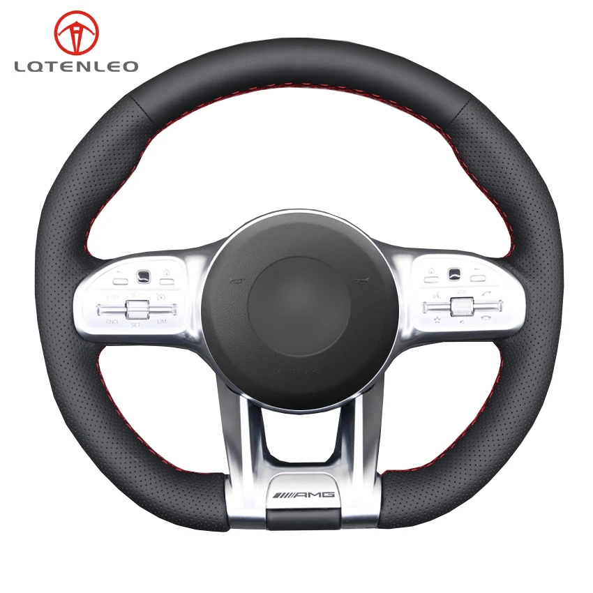 

LQTENLEO Black Genuine Leather Steering Wheel Cover for Mercedes-Benz A35 A45 E63 G63 C43 C63 CLA45 CLS53 E53 E63 GLA35 S63 AMG