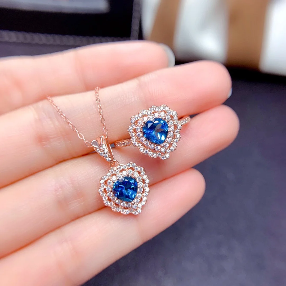 

2022 Trendy Rose Gold Color Jewelry Sets For Women Blue Heart CZ Stone Charm Pendants Necklaces Rings Love Anniversary Gifts