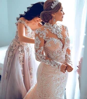 champagne mermaid wedding dresses gown high neck lace appliques long sleeves detachable train plus size formal bridal gowns