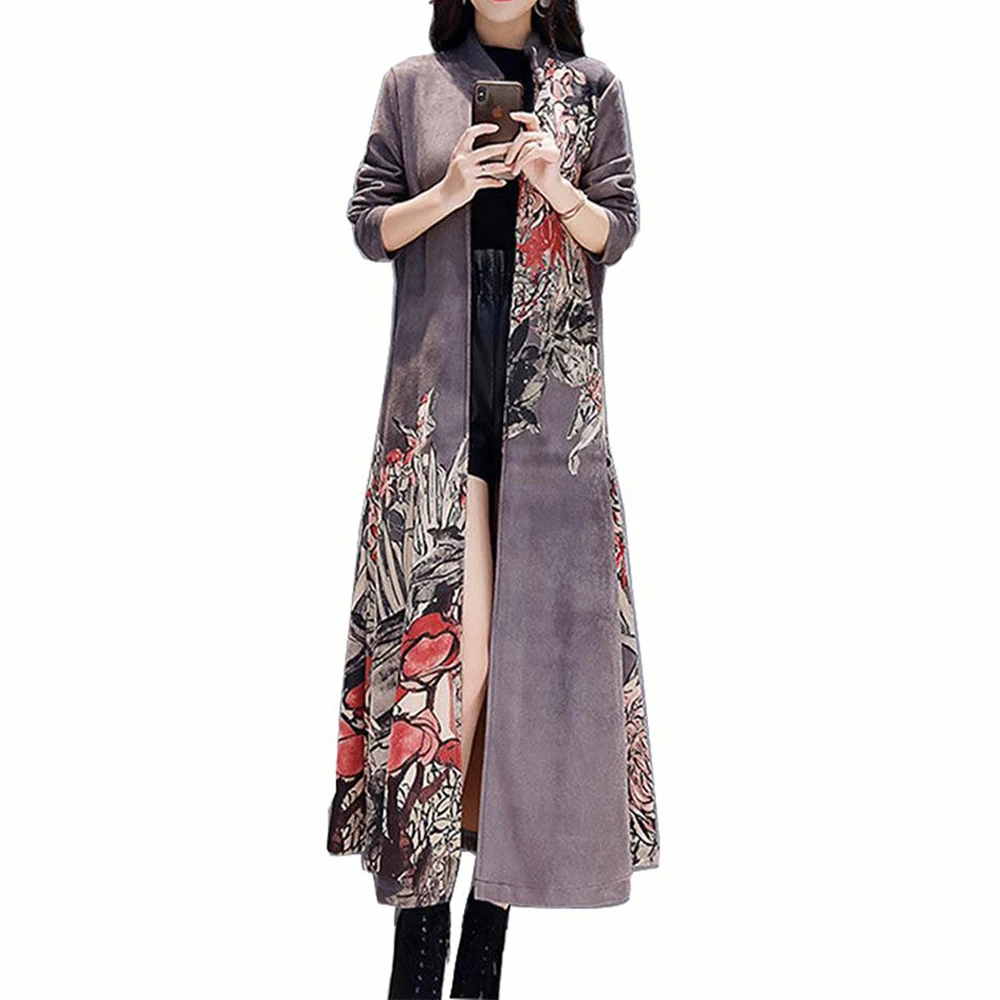 

Женское длинное пальто с длинным рукавом и цветочным принтом, свободного покроя