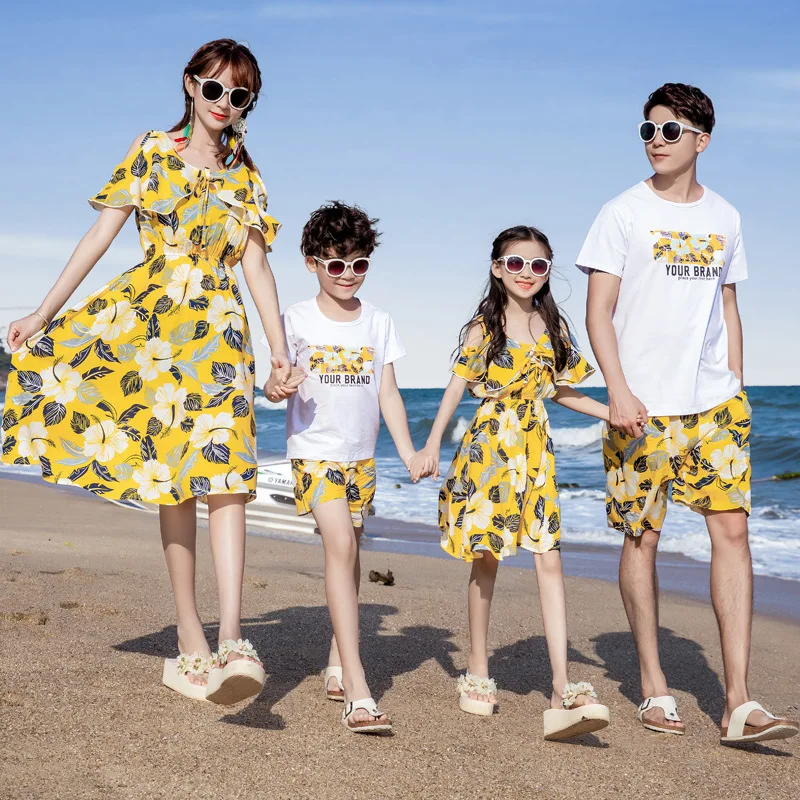 family matching clothes mom and daughter long summer dress women fashion yellow dress flower girl dresses father son beach pants