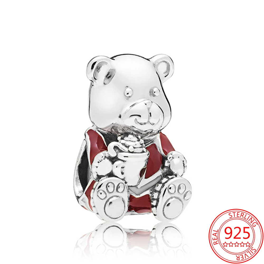 

Real 925 Sterling Silver Red Enamel Christmas Cute Bear Charm Fit Original Brand Bracelet DIY Jewelry Gift