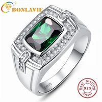 bonlavie 925 sterling silver long cushion emerald with small diamond mens ring for wedding and engagement gift