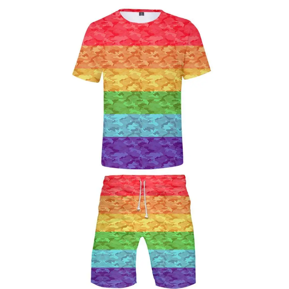 

Fashion 3D Printing Two-Piece Suit Men's Women's Rainbow Flag Lesbian Gay Harajuku Short-Sleeved T-Shirt Shorts Clothes