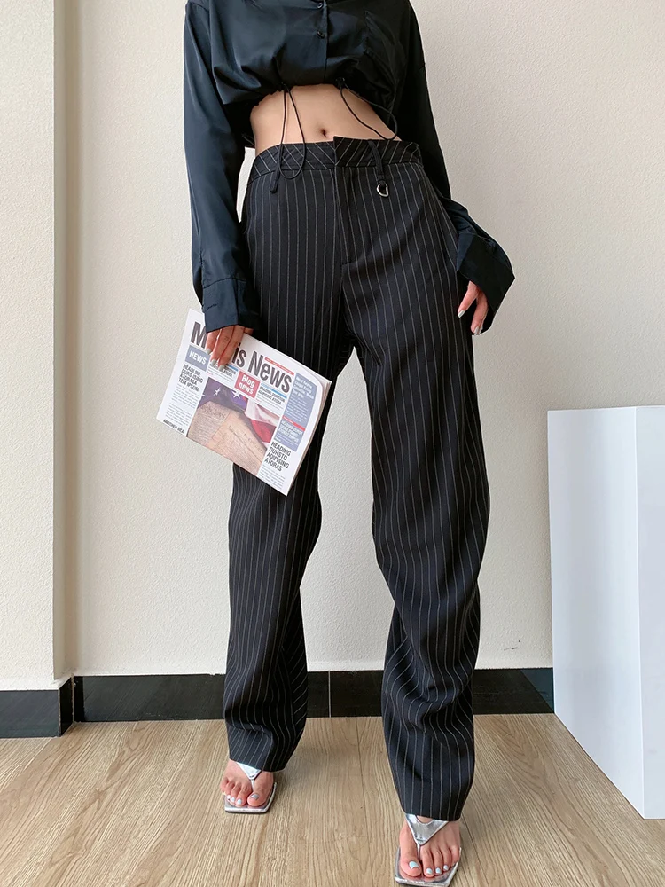 

TVVOVVIN Vertical Black Striped Slimming Straight Pants High Waist Loose Casual Split Long Suit Trousers For Women A2E4