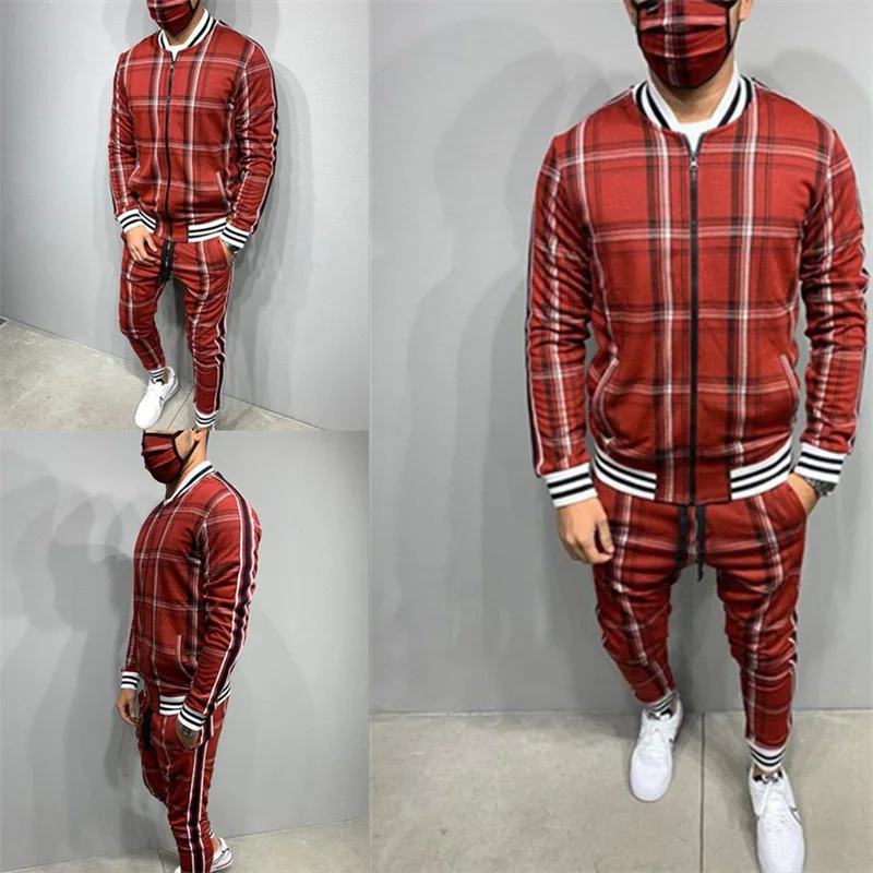 2021 New Stylish Plaid Jacket Zipper Jacket Tether Trousers Two Sports Casual Suits Men's Coat Dropshipping Clothing