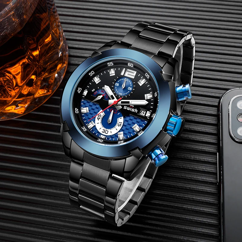 

SWISH Stainless Steel Quartz Clock 2020 Top Brand Men Sport Military Watches Luminous Waterproof Chronograph Watch Male Reloj