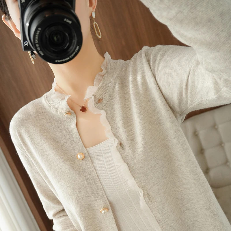 100% pure wool cardigan ladies knitted full sleeves 0-neck fashion high-end coat cashmere sweater spring and autumn new style