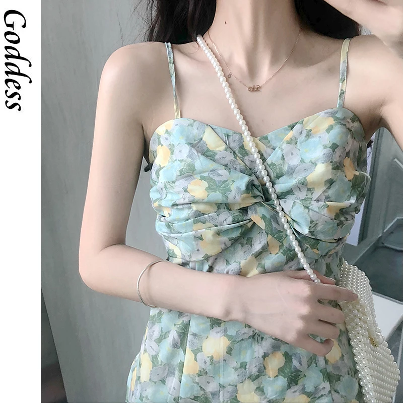 

2021 Korean Style Beach Vintage Slim Sexy Lady Simple Chic Elegant Boho Summer Women Trumpet V-Neck Spaghetti Strap Floral Dress