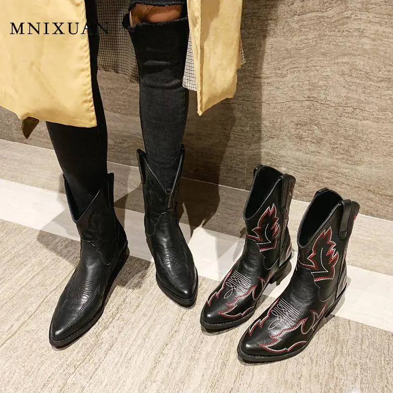 MNIXUAN Women Cowboy Boots women shoes genuine leather western punk shoes Pointed Toe High Heel Ankle Boots Black Booties