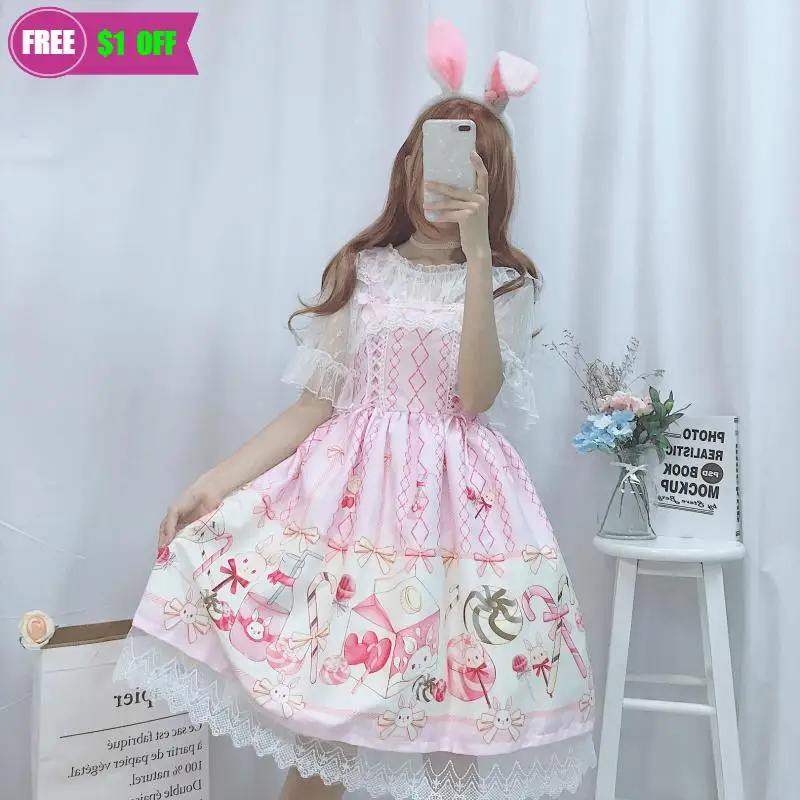 

Japanese JSK Lolita Kawaii Pink Dress Women Summer Sweet Soft Girl Wind Cute Cartoon Lolita Suspender Dress Cute Costume