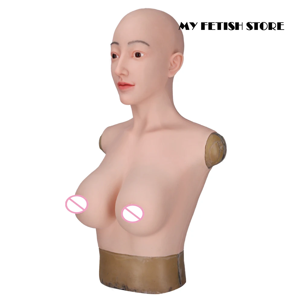 (Alice-1G)Crossdress Full Head Realistic Silicone Girl Female Disguise Party Cosplay Transgender Mask With D Cup Breast Torso