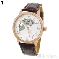 40hot mens mechanical hollow dial faux leather band arabics1 numerals wrist watch