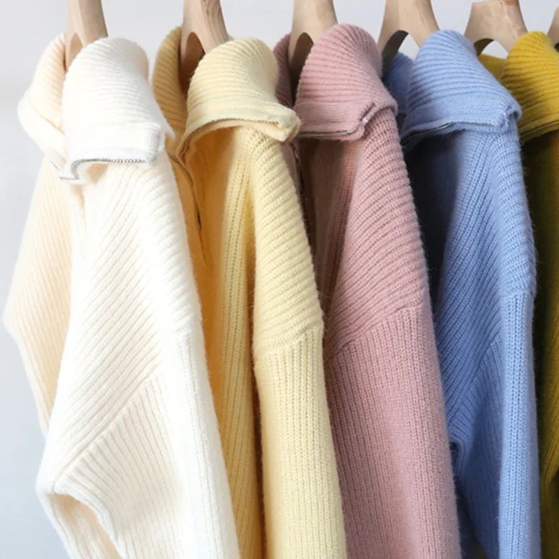 Зимний женский пуловер свитер Женская водолазка на молнии отложной мягкий