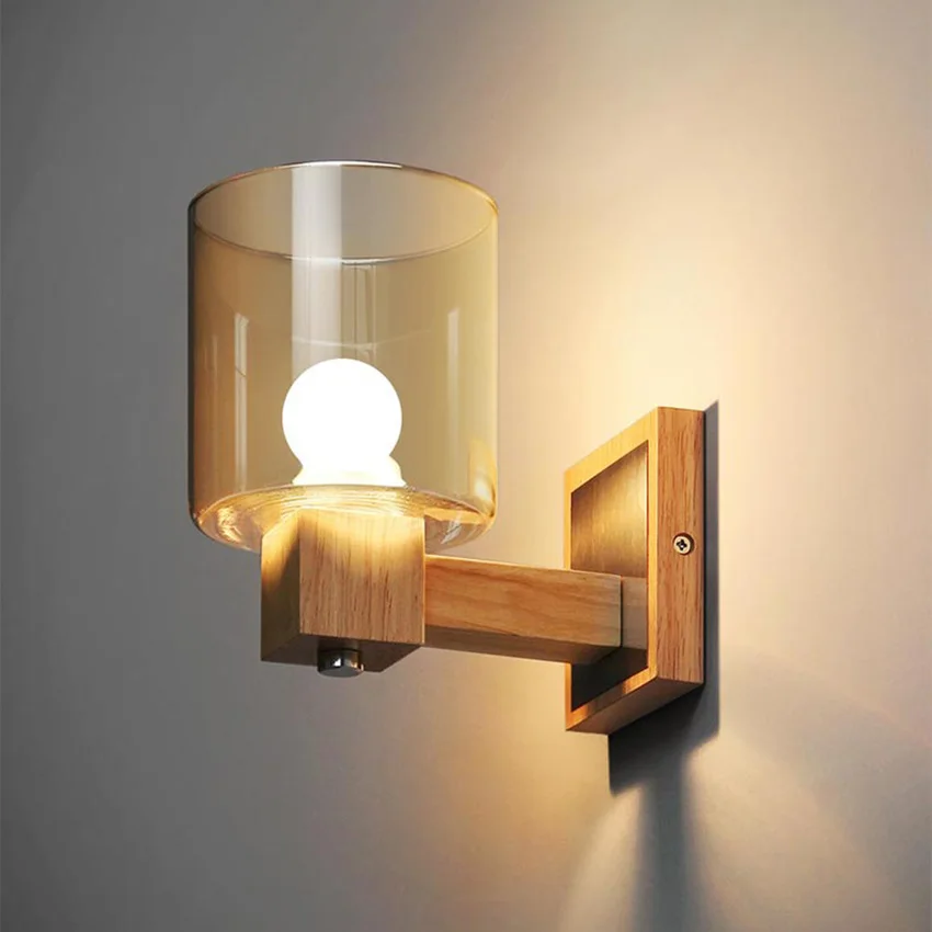 Скандинавский дуб настенная лампа из цельной древесины винтажный стеклянный