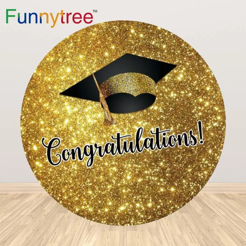 

Funnytree Graduation Party Round Backdrop Bachelor Cap Gold Glitter Shiny Sequin Background For Photography Student Wallpaper