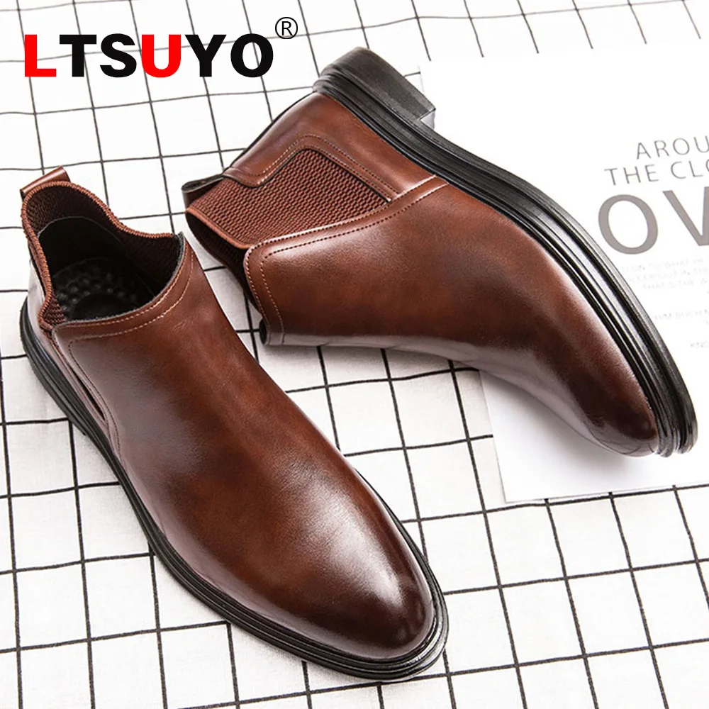 Luxury men's high-top leather boots, fashion outdoor casual men's boots, autumn and winter formal office men's leather boots