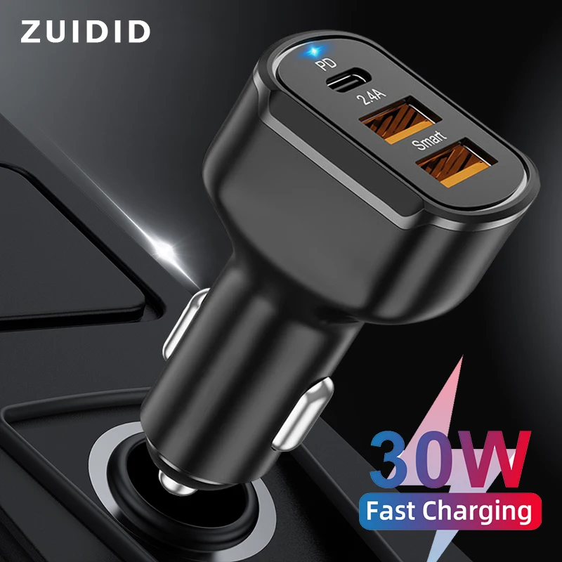 

30W Car Charger PD USB C 3 Ports Car Cigarette Lighter Smartphone Fast Charging Adapter For iPhone 12 Pro Max Xiaomi Samsung S21