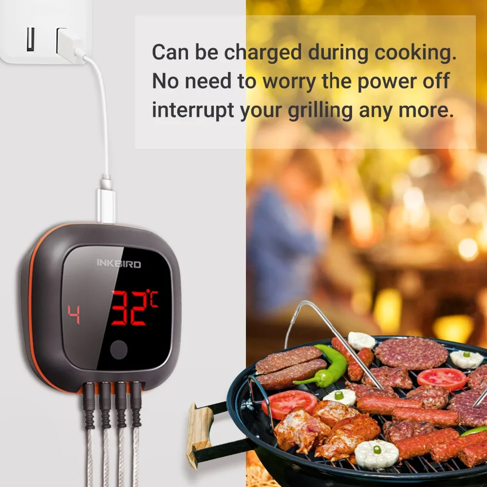 Inkbird IBT-4XS цифровой беспроводной Bluetooth кухонная печь барбекю термометр для гриля с двумя/четырьмя зондами и USB перезаряжаемой батареей