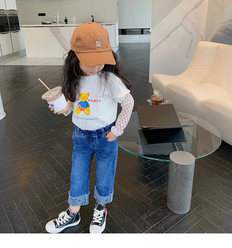 

2022 Spring Korean Girl Fake Two-piece Bear T-shirt Children's Pullover Cartoon Bottoming Top