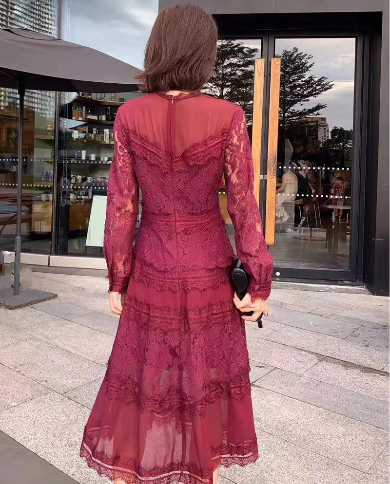 

Quality New Top 2021 Spring Summer Dress Women Sexy Sheer Mesh Lace Patchwork Long Sleeve Mid-Calf Wine Red Black Dress Female