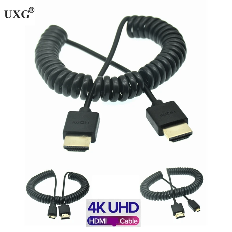 

OD 3.0mm Mini-HD-to Coiled 4k Cable HD-2.0 To Micro HDTV-compatible Stretch Spring Curl Flexible Thin Cables 2k 4k Hd @60hz