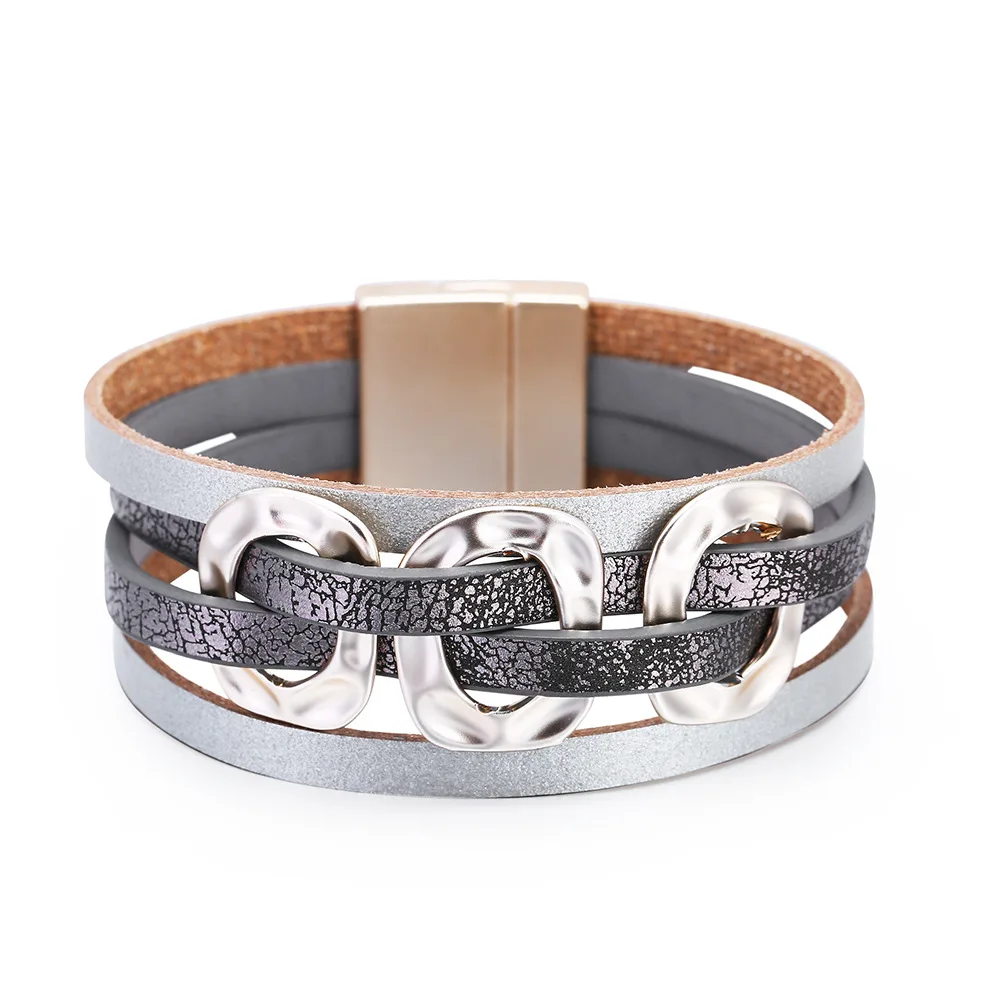 

Amorcome Simple Geometric Round Metal Charm Leather Bracelets Bohemian Multi-layer Wrap Bracelet with Magnet Clasp Jewelry 2021