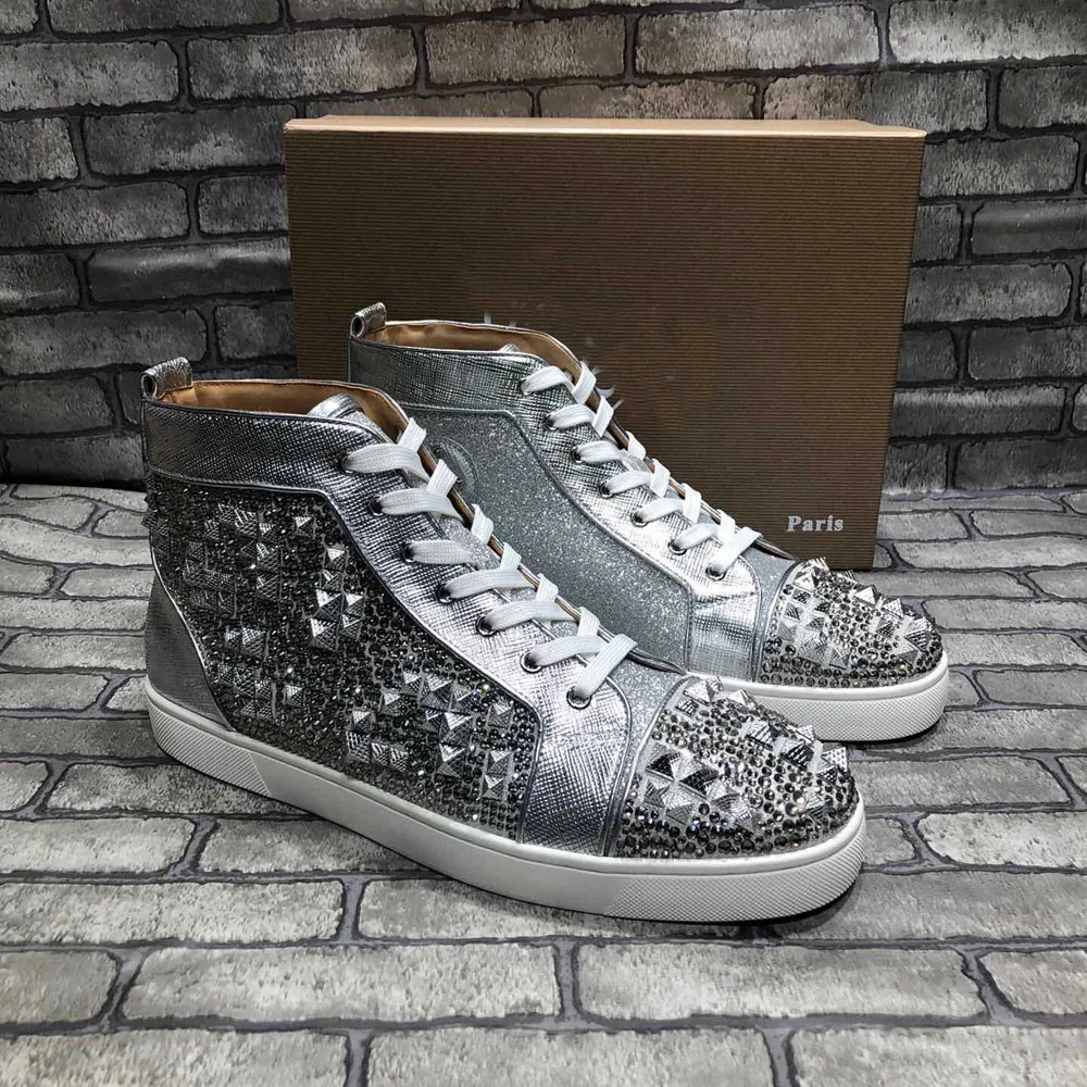 

High Top Red Bottom Shoes Luxury Diamond Rivets Silver Genuine Leather Shoes For Men Spikes Casual Flats Loafers Women Sneakers