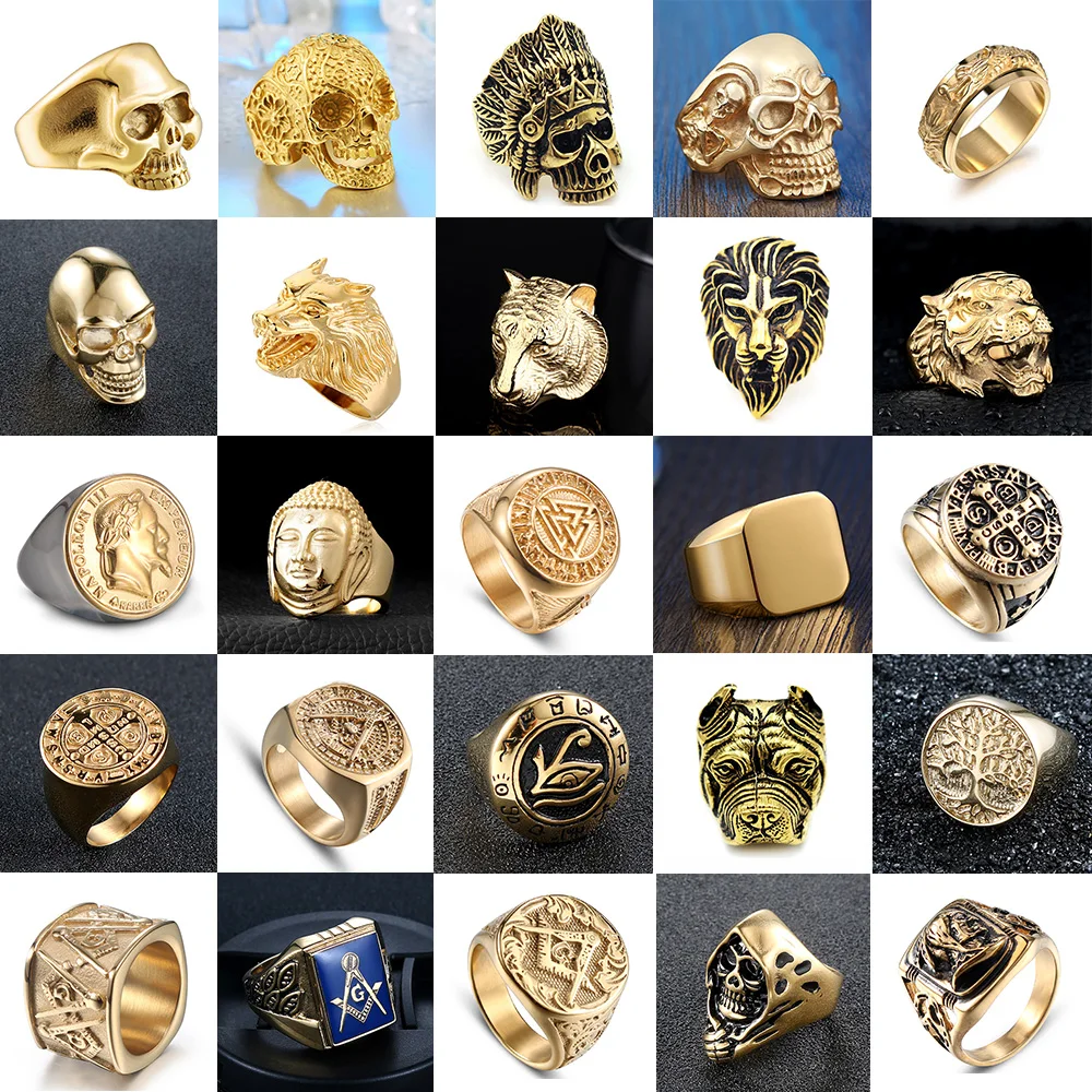 

Vintage Punk Rock 316L Stainless Steel Men Rings Animal Lion Eagle Dog Dragon Bird Gold Snake Hip Hop Biker Ring Skull Jewelry