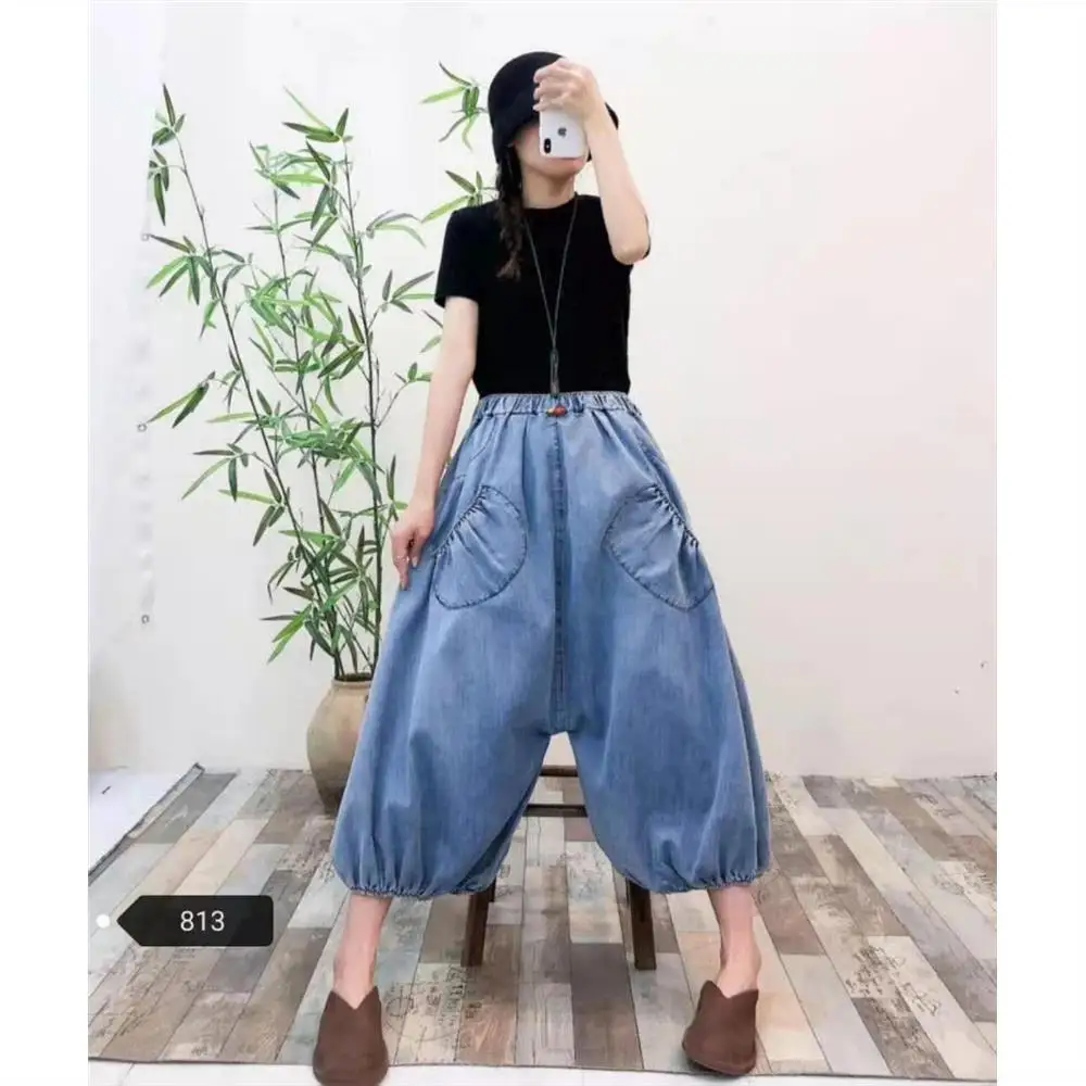 

Spring And Summer New Loose Large Tencel Cotton Jeans Women's Elastic Waist Skirt Pants Fall Off Jumpsuit Shorts Rompers Clothes
