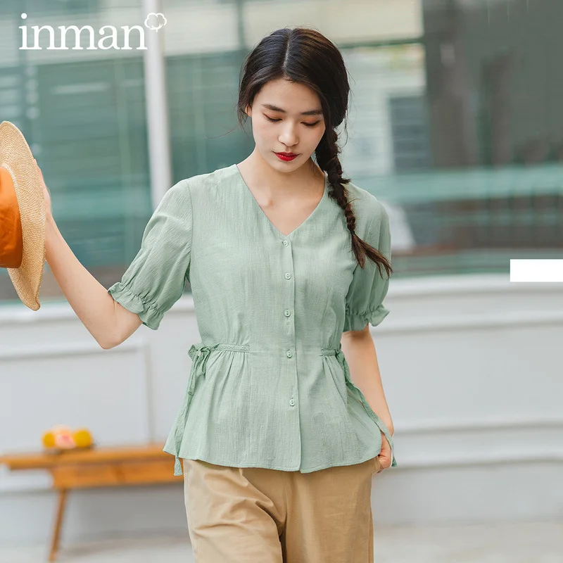 INMAN летняя Элегантная блузка В Выдержанном стиле с завязками на талии v образным