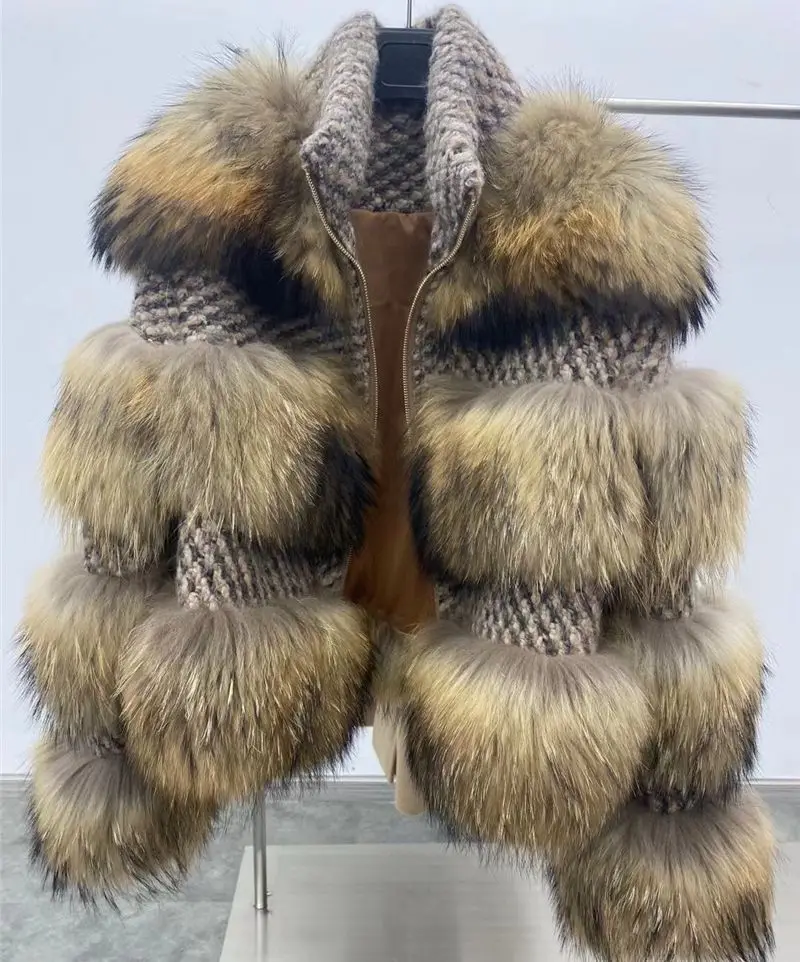 real raccoon fur Short coat patchwork tweed woolen women winter warm thick natural coats long sleeve