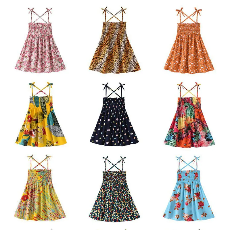 

1-7Y Girls Dresses Kids Summer Sleeveless Strap Princess Dress Cotton Floral Children Clothes Girl Casual Beach Sundress