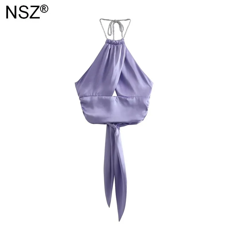 

NSZ Women Purple Asymmetrical Cross Satin Halter Top Bow Tie Sexy Outfit Sleeveless Summer Vest Crop Top Tanks Backless Camis