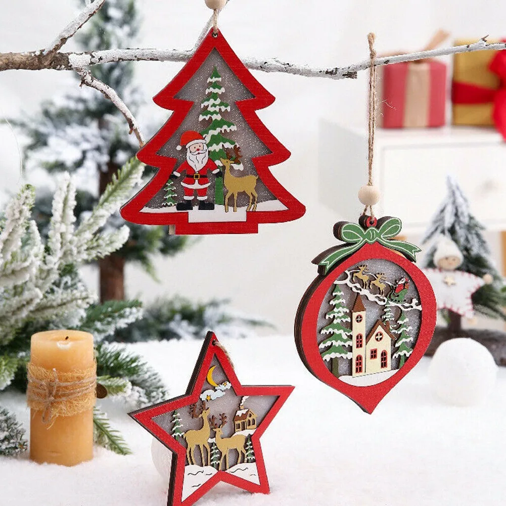 

Christmas Tree Ornament Lamp LED Light Wooden Santa Claus Xmas Hanging Pendant Xmas Tree Decor 2021 Navidad Natal Gifts