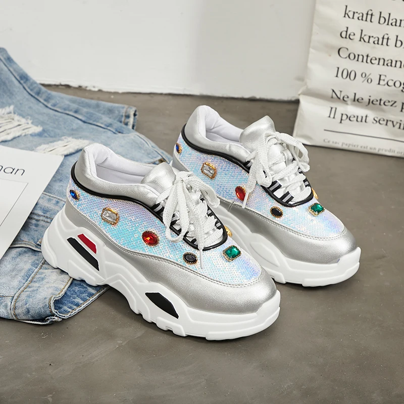 Трендовые женские массивные кроссовки Женская обувь с блестящими драгоценными