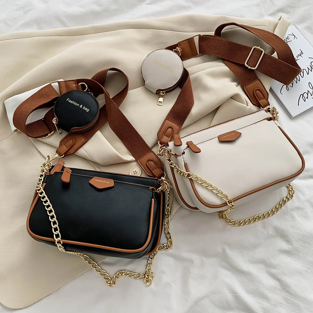 Модные 3 в 1 из искусственной кожи женская сумка через плечо Повседневная цепи с